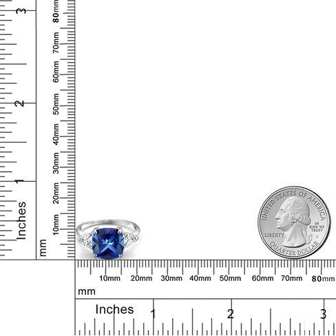 Gem Stone King 10K White Gold Blue Created Sapphire and White Moissanite 3-Stone Engagement Ring For Women | 6.26 Cttw | Cushion 10MM | Gemstone Birthstone | Available In Size 5, 6, 7, 8, 9 in Kuwait