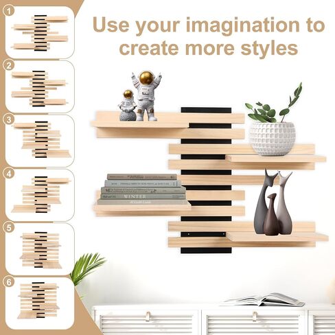 4-Tier Adjustable Wooden Floating Shelf Space-Saving Wall Mounted Shelf with Multiple Customizable Layouts Display Rack for Figurines Doll Small Plant Statue Wall Organizer for Living Room Bedroom in Saudi Arabia