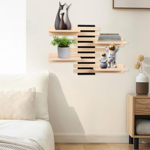 4-Tier Adjustable Wooden Floating Shelf Space-Saving Wall Mounted Shelf with Multiple Customizable Layouts Display Rack for Figurines Doll Small Plant Statue Wall Organizer for Living Room Bedroom in Saudi Arabia