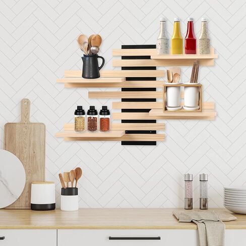 4-Tier Adjustable Wooden Floating Shelf Space-Saving Wall Mounted Shelf with Multiple Customizable Layouts Display Rack for Figurines Doll Small Plant Statue Wall Organizer for Living Room Bedroom in Saudi Arabia