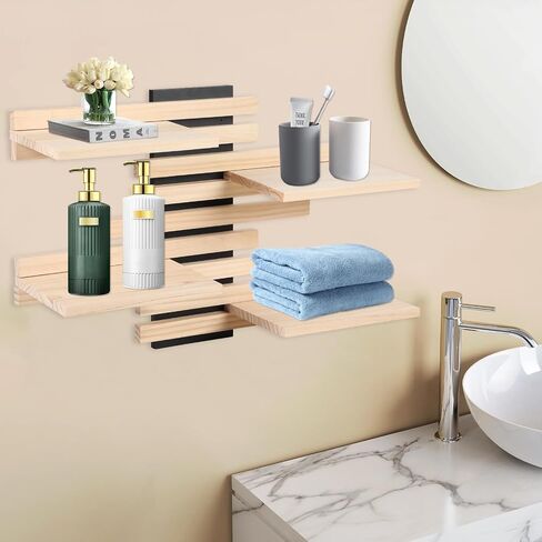 4-Tier Adjustable Wooden Floating Shelf Space-Saving Wall Mounted Shelf with Multiple Customizable Layouts Display Rack for Figurines Doll Small Plant Statue Wall Organizer for Living Room Bedroom in Saudi Arabia