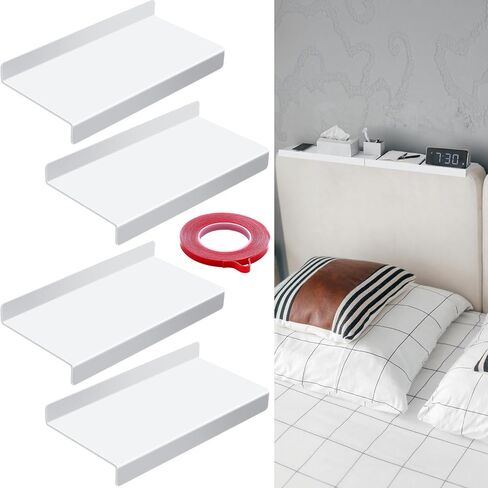 Hoteam 4 Pcs Headboard Shelf No-Screws Dorm Bed Shelf Self Adhesive White Dorm Headboard Storage with Acrylic Double Sided Tape Over Bed Organizer for Flat Top Headboards Home Bedroom Renter in Kuwait