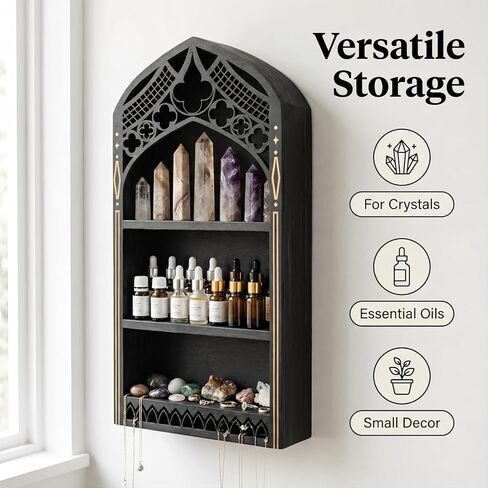 Gothic Window Crystal Display Shelf, 1.96" Deep Wooden Wall Mounted Gemstone Crystal Holder, Witchy Decor Trinket Organizer for Healing Stones -2026 Upgraded (Window-7.9" W x 15.7" H) in Kuwait