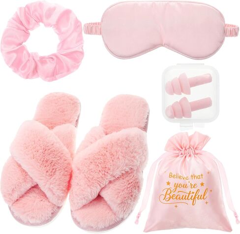 Unittype 5 Pcs Pink Birthday Gifts for Women, Bridesmaid Bridal Shower Gifts Self Care Spa Gift Set, Fuzzy Slippers Satin Sleep Mask Hair Scrunchie, Earplugs and Drawstring Bag for Mom Wife Girlfriend in Kuwait