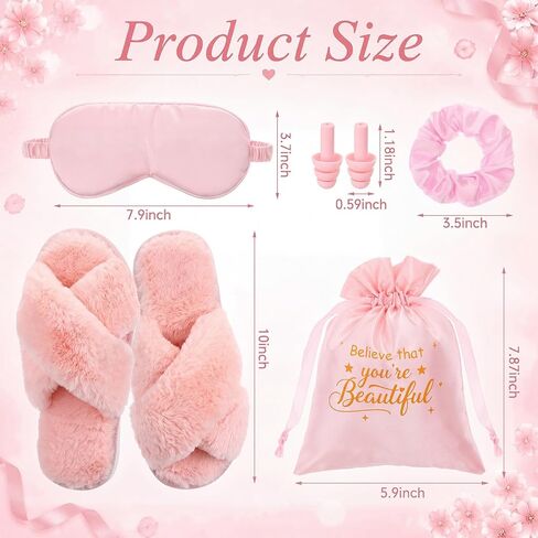 Unittype 5 Pcs Pink Birthday Gifts for Women, Bridesmaid Bridal Shower Gifts Self Care Spa Gift Set, Fuzzy Slippers Satin Sleep Mask Hair Scrunchie, Earplugs and Drawstring Bag for Mom Wife Girlfriend in Kuwait