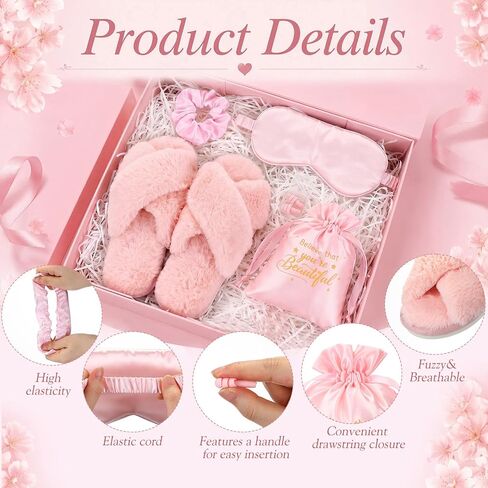 Unittype 5 Pcs Pink Birthday Gifts for Women, Bridesmaid Bridal Shower Gifts Self Care Spa Gift Set, Fuzzy Slippers Satin Sleep Mask Hair Scrunchie, Earplugs and Drawstring Bag for Mom Wife Girlfriend in Kuwait