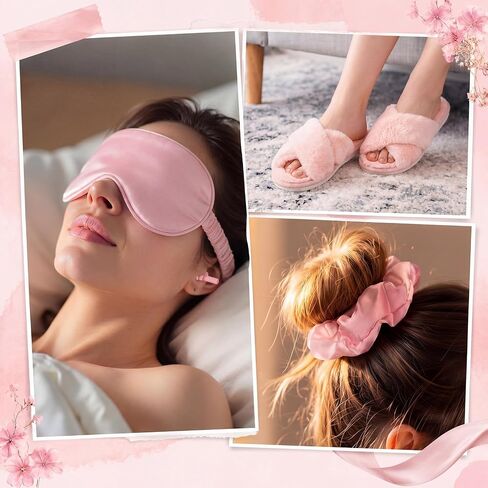 Unittype 5 Pcs Pink Birthday Gifts for Women, Bridesmaid Bridal Shower Gifts Self Care Spa Gift Set, Fuzzy Slippers Satin Sleep Mask Hair Scrunchie, Earplugs and Drawstring Bag for Mom Wife Girlfriend in Kuwait