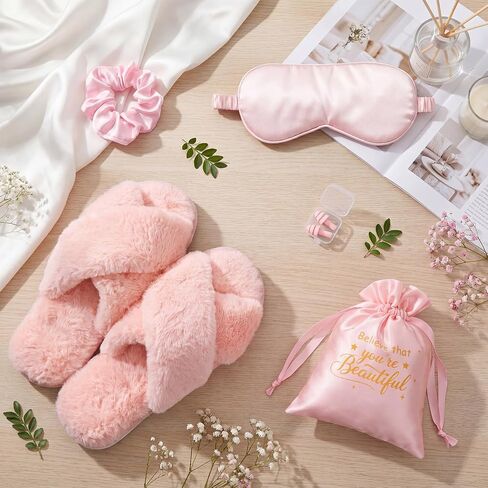 Unittype 5 Pcs Pink Birthday Gifts for Women, Bridesmaid Bridal Shower Gifts Self Care Spa Gift Set, Fuzzy Slippers Satin Sleep Mask Hair Scrunchie, Earplugs and Drawstring Bag for Mom Wife Girlfriend in Kuwait