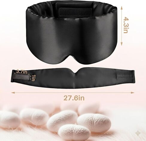 100% Mulberry Silk Sleep Mask for Women and Men, Blackout Eye Masks for Sleep, Adjustable Strap Eye Covers, Travel Essentials for Women, Soft Sleeping Mask with Ear Protection(Black) in Saudi Arabia