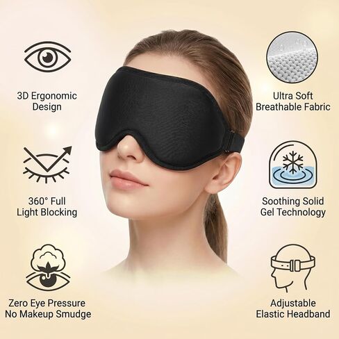 3D Cooling Gel Eye Mask for Migraines and Puffy Eyes, Cold/Heat Therapy for Dry Eyes and Sinus Pressure, 100% Blackout Sleep Mask for Side Sleepers, Adjustable Contoured Blindfold with Travel Pouch in Saudi Arabia