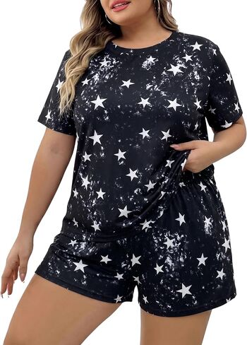NANYUAYA Plus Size Women's Pajama Set, Soft Sleep Tops & Lounge Shorts with Pockets 2-Piece Sleepwear for Women in Kuwait
