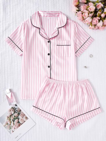 Women's Silk Pajamas Set Soft Comfortable Sleepwear Pink Striped Nightwear Short Pants in Kuwait