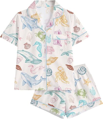 Women's Pajama Sets Beach Ocean Print Sleepwear Short Sleeve Cute 2 Piece Pj Nightwear Soft Lounge Sets in Saudi Arabia
