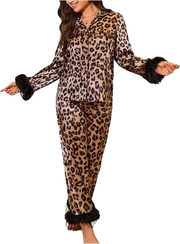 WDIRARA Women's Leopard Print 2 Piece Satin Pajama Sets Long Sleeve Button Down Pants Pjs Sleepwear in Saudi Arabia