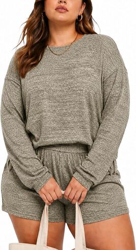 Plus Size 2 Piece Lounge Set for Women, Long Sleeve Top and Shorts Pajama Set, Soft Loungewear Outfits with Pockets in Saudi Arabia