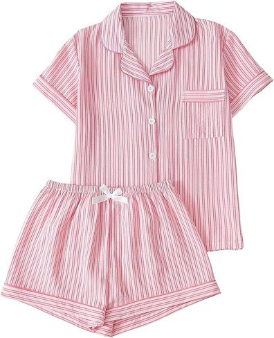 Verdusa Women's Striped Pajama Set Short Sleeve Button Down Shirts Elastic Waist Shorts Loungewear in Kuwait