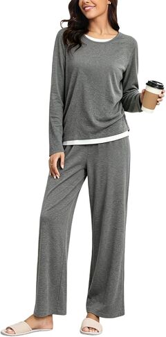 Womens Pajama Set Long Sleeve Lounge Sets with Pockets Soft Comfy PJs Loungewear Outfit Sleepwear Nightwear 2 Piece in Saudi Arabia