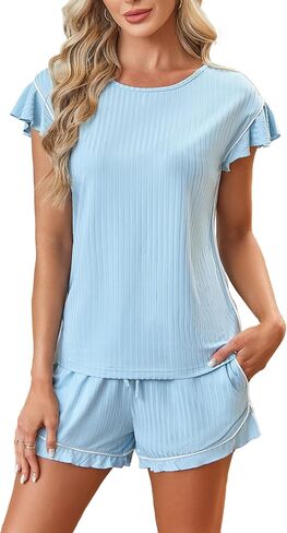 Kikibell Pajamas Lounge Sets for Women 2 Piece Summer Outfits Ruffle Short Sleeve Tops Shorts with Pocket Comfy Pjs Sleepwear in Saudi Arabia