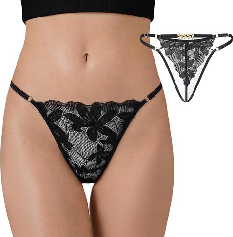 Littleforbig Sissy Doll Lacy Floral Rhinestone Tucking Gaff Tanga Thong Panties with Detachable SISSY Waistband in Kuwait