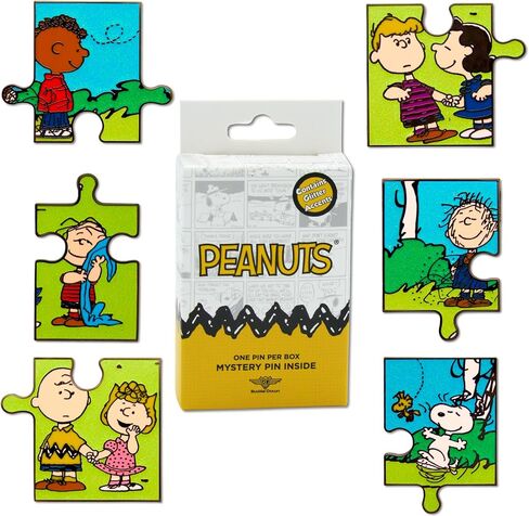 Peanuts Puzzle Mystery Enamel Pin Bling Box Series, Pig Pen, Franklin, Snoppy and Woodstock, Lucy and Schroeder, Linus, or Charlie and Sally in Kuwait