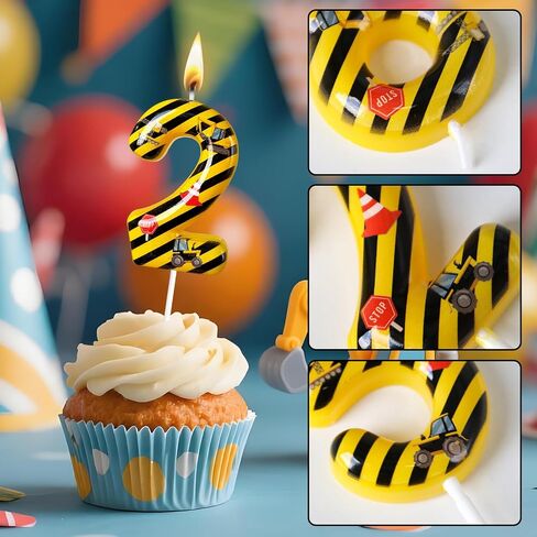 Construction Truck Themed Number 2 Birthday Candle - Yellow & Black Construction Zone Cake Topper for Birthday Decorations Supplies, Construction Party Favors (Construction Truck Themed, 2) in Kuwait
