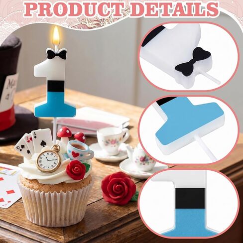 Conelist Number 1 Wonderland Birthday Candle 1st Birthday Candle Blue White and Black Wonderland Tea Party Decoration for Wedding Baby Shower Princess Party Supplies in Kuwait