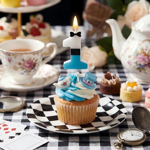 Conelist Number 1 Wonderland Birthday Candle 1st Birthday Candle Blue White and Black Wonderland Tea Party Decoration for Wedding Baby Shower Princess Party Supplies in Kuwait