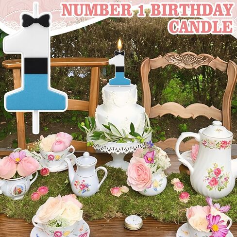 Conelist Number 1 Wonderland Birthday Candle 1st Birthday Candle Blue White and Black Wonderland Tea Party Decoration for Wedding Baby Shower Princess Party Supplies in Kuwait