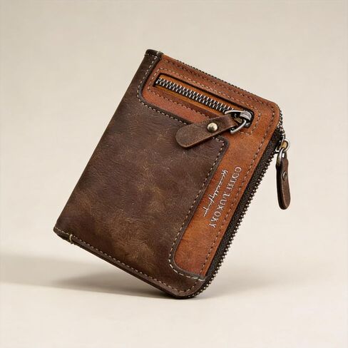 Men's Full Grain Leather Wallet Dark Brown, Slim Zipper Wallet with Coin Pocket, 5 Card Slots ID Window for Daily Carry, Gift for Men in Kuwait