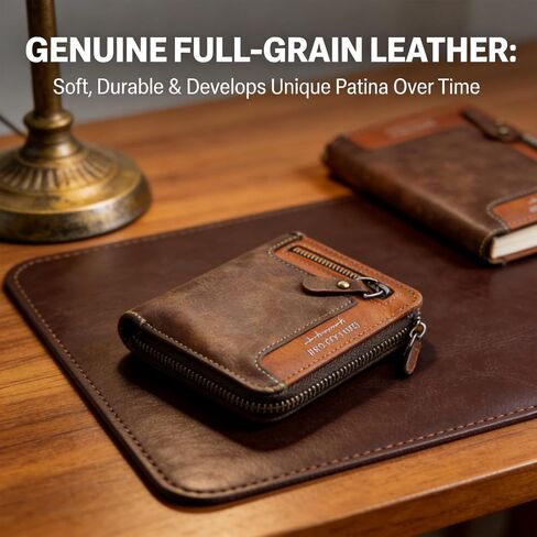 Men's Full Grain Leather Wallet Dark Brown, Slim Zipper Wallet with Coin Pocket, 5 Card Slots ID Window for Daily Carry, Gift for Men in Kuwait