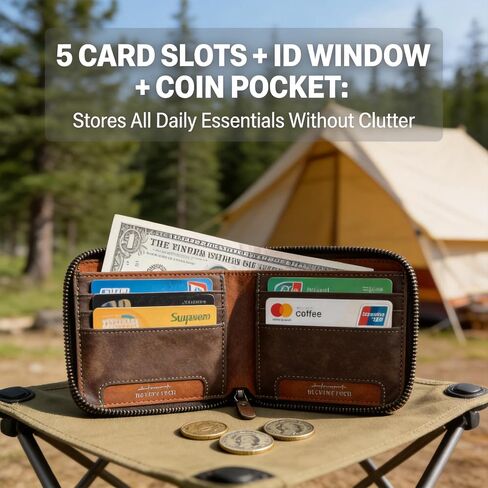 Men's Full Grain Leather Wallet Dark Brown, Slim Zipper Wallet with Coin Pocket, 5 Card Slots ID Window for Daily Carry, Gift for Men in Kuwait