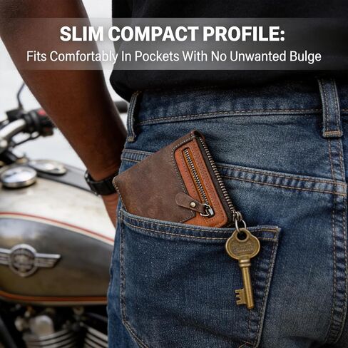 Men's Full Grain Leather Wallet Dark Brown, Slim Zipper Wallet with Coin Pocket, 5 Card Slots ID Window for Daily Carry, Gift for Men in Kuwait