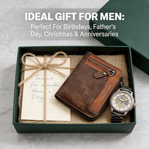 Men's Full Grain Leather Wallet Dark Brown, Slim Zipper Wallet with Coin Pocket, 5 Card Slots ID Window for Daily Carry, Gift for Men in Kuwait