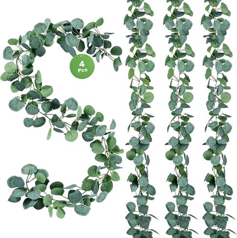 4 Pack Artificial Eucalyptus Garland Faux Silk Leaf Silver Dollar Eucalyptus Leaves Vines Handmade Greenery Garland for centerpieces,Wedding Backdrop Indoor Outdoor Arch Wall Decoration-Total 24Ft in Kuwait