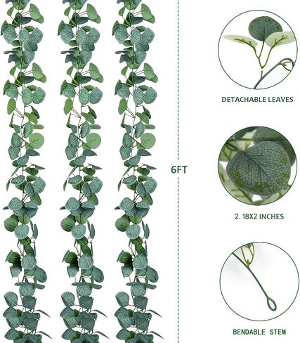 4 Pack Artificial Eucalyptus Garland Faux Silk Leaf Silver Dollar Eucalyptus Leaves Vines Handmade Greenery Garland for centerpieces,Wedding Backdrop Indoor Outdoor Arch Wall Decoration-Total 24Ft in Kuwait