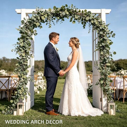 4 Pack Artificial Eucalyptus Garland Faux Silk Leaf Silver Dollar Eucalyptus Leaves Vines Handmade Greenery Garland for centerpieces,Wedding Backdrop Indoor Outdoor Arch Wall Decoration-Total 24Ft in Kuwait