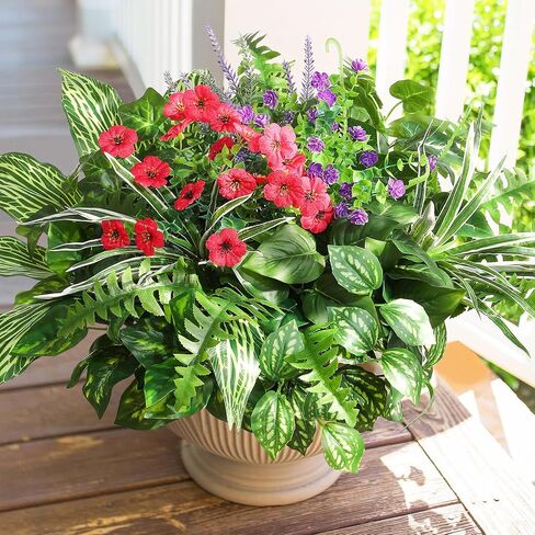 Pertivery Outdoor Faux Plants,12 Bouquets Artificial Plants UV Resistant Greenery&Flowers with Stems, for Patio Garden Front Porch Decor Fake Plants for Outside in Saudi Arabia