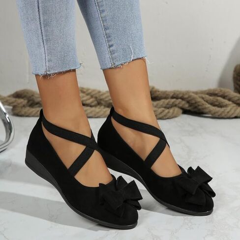 Women's Black Wedge Flats Elastic Strap Mary Jane Soft Sole Slip-On Ballet Loafers, Lightweight Daily Casual Office Shoes in Kuwait
