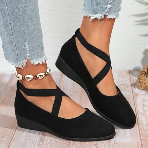 Women's Black Wedge Flats Elastic Strap Mary Jane Soft Sole Slip-On Ballet Loafers, Lightweight Daily Casual Office Shoes in Kuwait