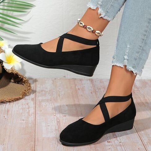 Women's Black Wedge Flats Elastic Strap Mary Jane Soft Sole Slip-On Ballet Loafers, Lightweight Daily Casual Office Shoes in Kuwait