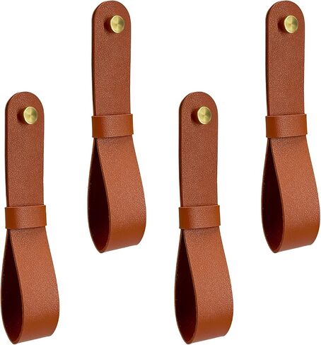 4 Pcs Curtain Rod Holders, Leather Wall Straps with Screws & Plugs - Adjustable PU Leather Bracket Hook for Towels, Boho Home Decor (Brown) in Saudi Arabia
