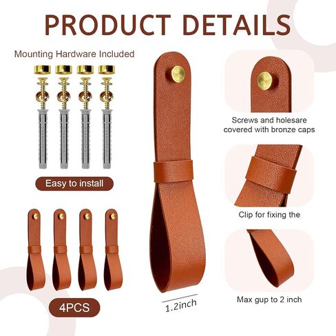 4 Pcs Curtain Rod Holders, Leather Wall Straps with Screws & Plugs - Adjustable PU Leather Bracket Hook for Towels, Boho Home Decor (Brown) in Saudi Arabia