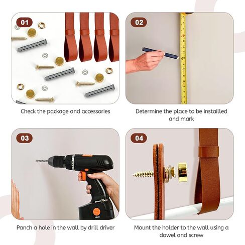 4 Pcs Curtain Rod Holders, Leather Wall Straps with Screws & Plugs - Adjustable PU Leather Bracket Hook for Towels, Boho Home Decor (Brown) in Saudi Arabia