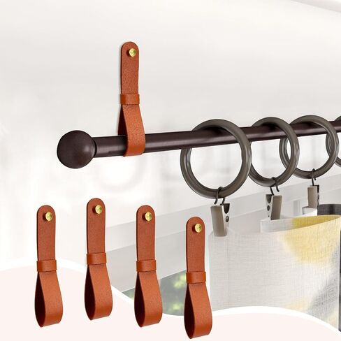 4 Pcs Curtain Rod Holders, Leather Wall Straps with Screws & Plugs - Adjustable PU Leather Bracket Hook for Towels, Boho Home Decor (Brown) in Saudi Arabia