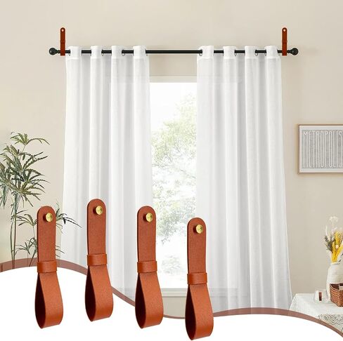 4 Pcs Curtain Rod Holders, Leather Wall Straps with Screws & Plugs - Adjustable PU Leather Bracket Hook for Towels, Boho Home Decor (Brown) in Saudi Arabia