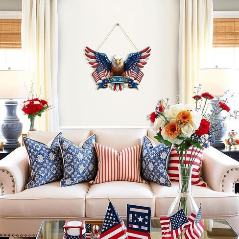 250 Anniversary 4th of July Decoration Door Wreath for Front Door Sign Patriotic Eagle Wall Signs 250 Years of Freedom 1776-2026,Independence Day Patriotic Day Wreath Memorial Day Hanging for Home in Kuwait