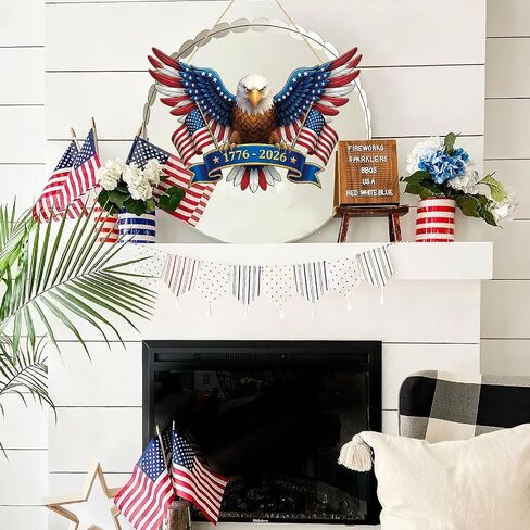 250 Anniversary 4th of July Decoration Door Wreath for Front Door Sign Patriotic Eagle Wall Signs 250 Years of Freedom 1776-2026,Independence Day Patriotic Day Wreath Memorial Day Hanging for Home in Kuwait