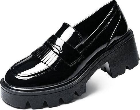 Black Chunky Fringe Platform Loafers for Women Slip On Patent Leather Lug Sole Casual Dressy Business Work Shoes in Saudi Arabia