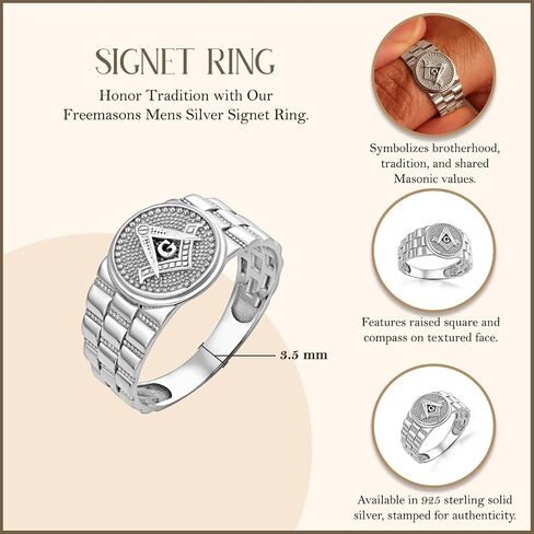 Claddagh Gold Men's .925 Sterling Silver 3.5mm Freemason Square and Compass Masonic Signet Ring | Available in Sizes 6-16 in Kuwait