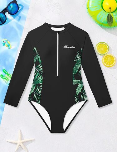 WIQI Girls Swimsuit Rash Guard Zipper Long Sleeve One Piece Bathing Suit UPF50+ Sun Protection Teen Swimwear 9-16Y in Kuwait